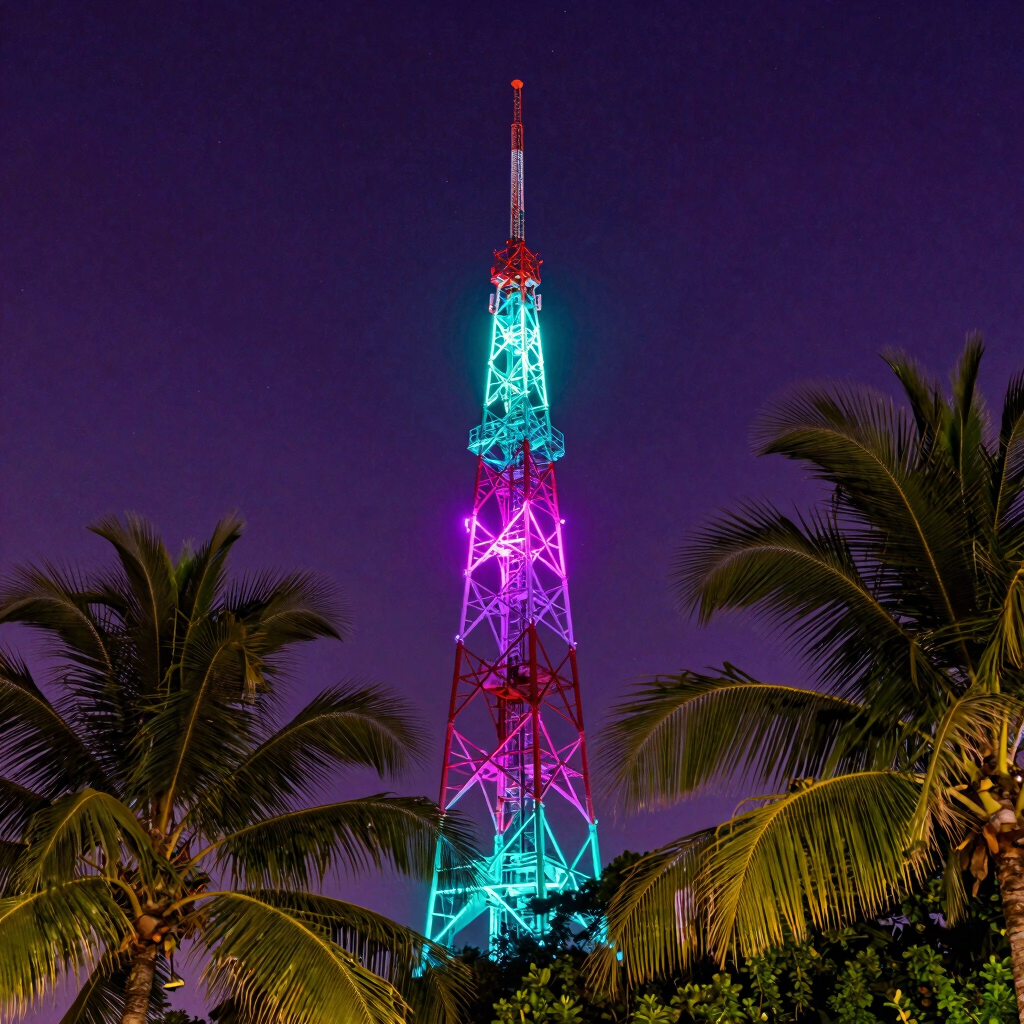 A realistic night photograph of a glowing radio broadcasting tower under a starry purple sky. Neon cyan and magenta lights emanate from the antenna, reflecting off tropical Brazilian South American palm leaves in the foreground.