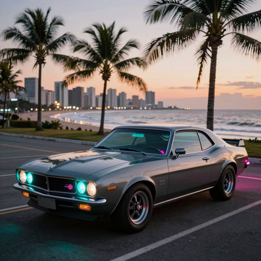 An 80s muscle car parked on a scenic coastal highway in Brazil at dusk, dashboard glowing with cyan and neon pink lights, palm trees and city skyline in the background, synthwave vibe, cinematic lighting, high-end photography.
