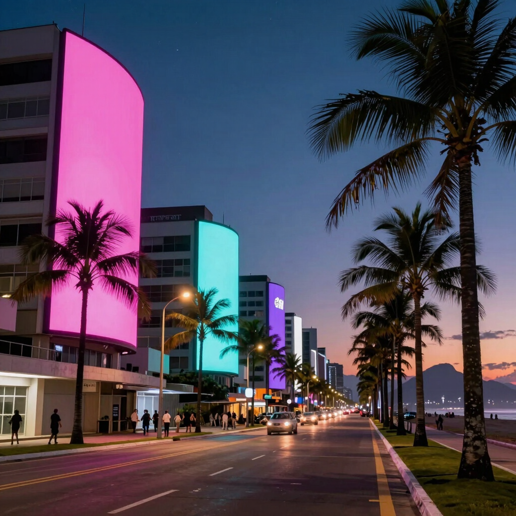 A cinematic wide shot of a modern palm-lined boulevard at night, illuminated by bright pink, purple, and cyan neon billboards. High-quality realistic photography of a coastal metropolitan area in Brazil under a starlit retro twilight sky.