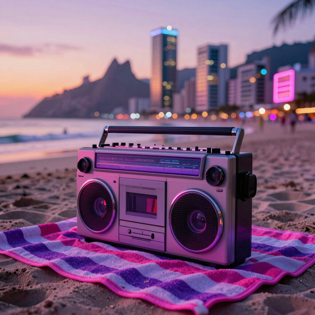 A classic retro-style boombox cassette player sitting on a beach towel at dusk, with the glowing neon city skyline of a South American coastal resort in the background. Warm sunset colors, synthwave violet and hot pink neon highlights, nostalgic 1980s aesthetic.