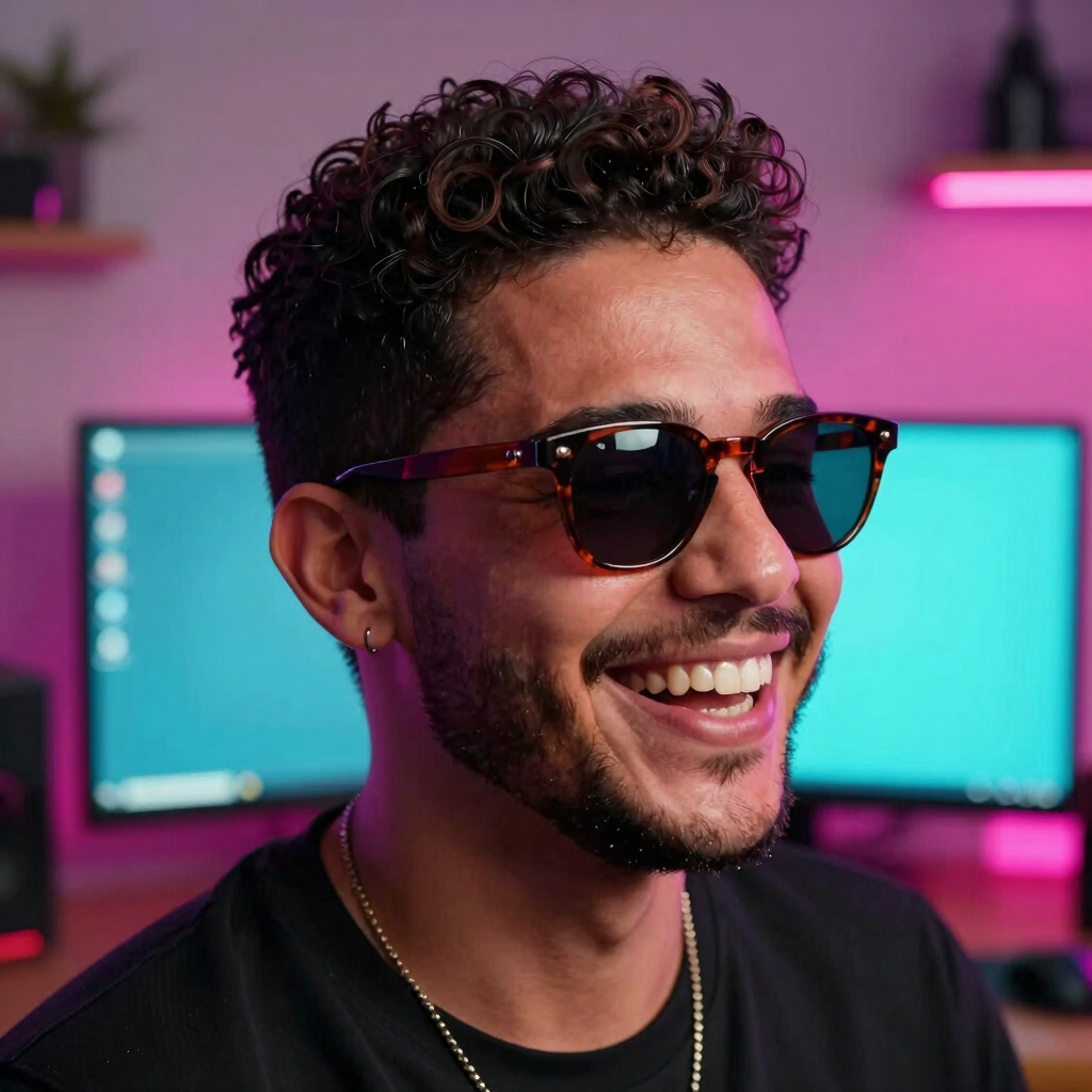 A close-up portrait of a charismatic Brazilian male gaming streamer with stylish retro sunglasses, laughing in front of a setup with dual glowing monitors. Neon pink and electric cyan ambient light fills the modern room.