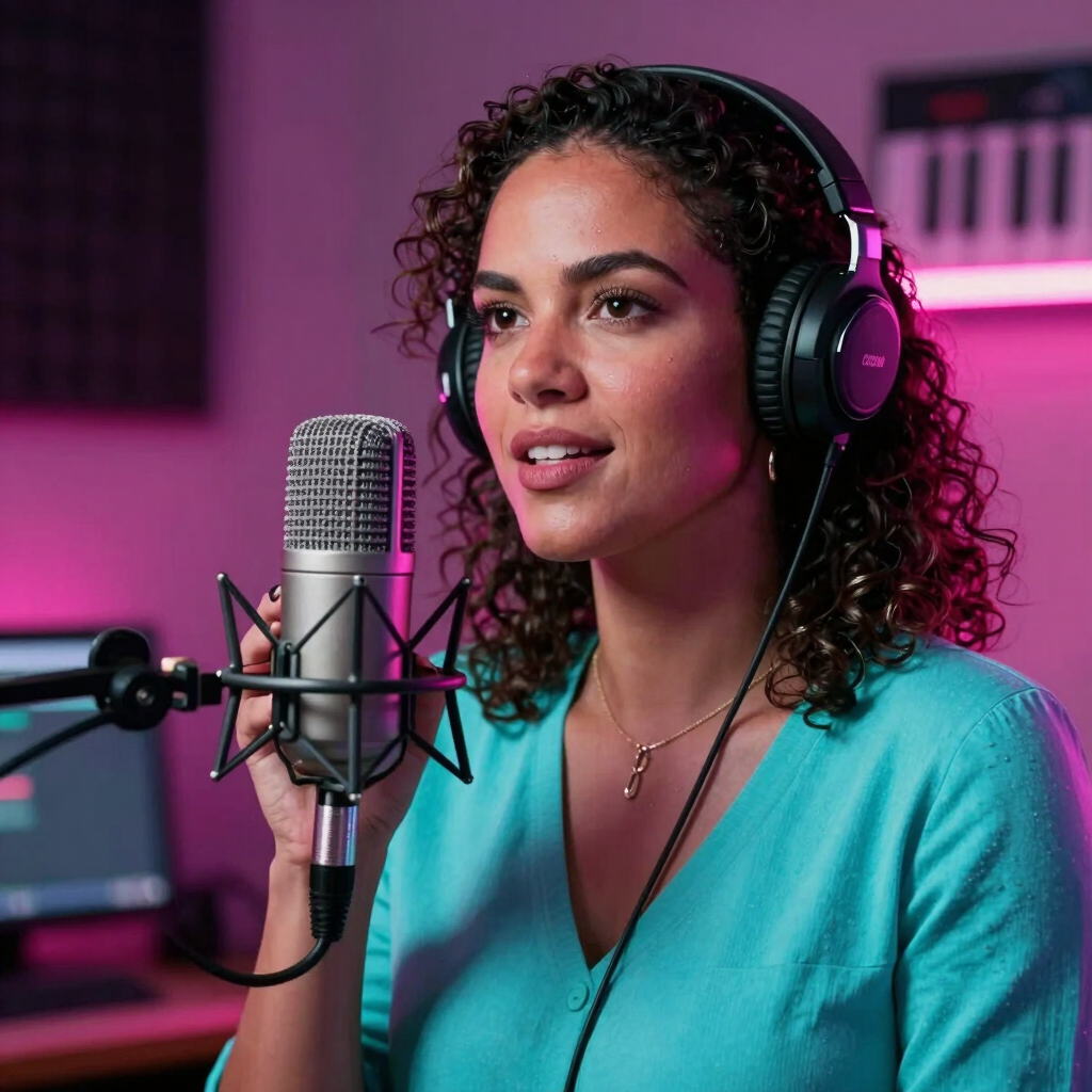 A professional portrait of a Brazilian female radio host speaking confidently into a retro-style dynamic broadcast microphone. High-contrast neon pink and neon cyan lighting defines her face. Atmospheric synthwave studio background.