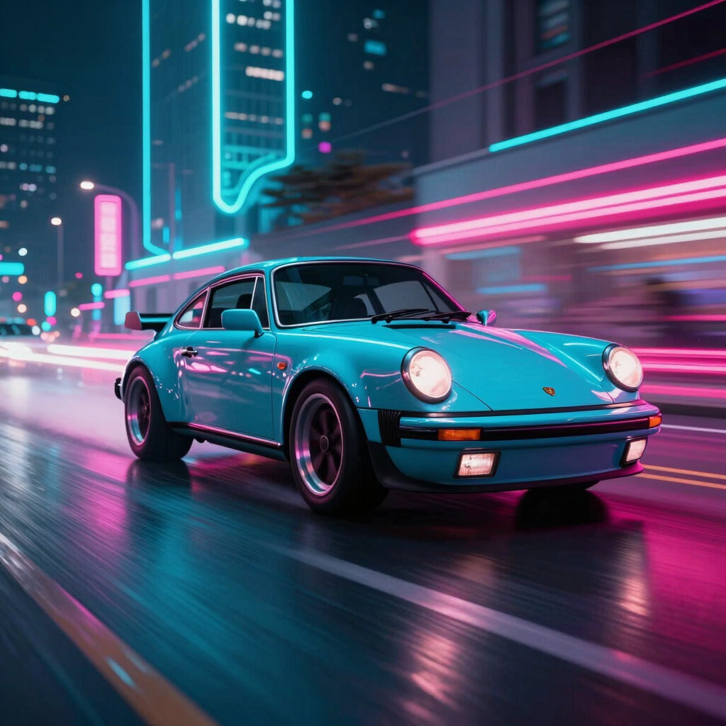 An action-oriented high-speed shot of a retro sports car speeding through a glowing neon-lit city street at night. Bright neon cyan and hot pink light trails reflect off the wet asphalt and polished car body. Dynamic low-angle composition, intense kinetic energy, synthwave style.