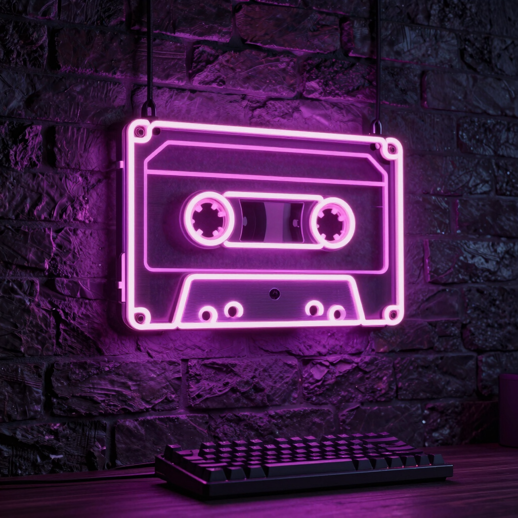 An artistic shot of a neon sign shaped like a retro cassette tape with glowing pink lines, hanging on a rustic dark brick wall. The atmospheric purple glow illuminates a nearby high-end mechanical gaming keyboard.