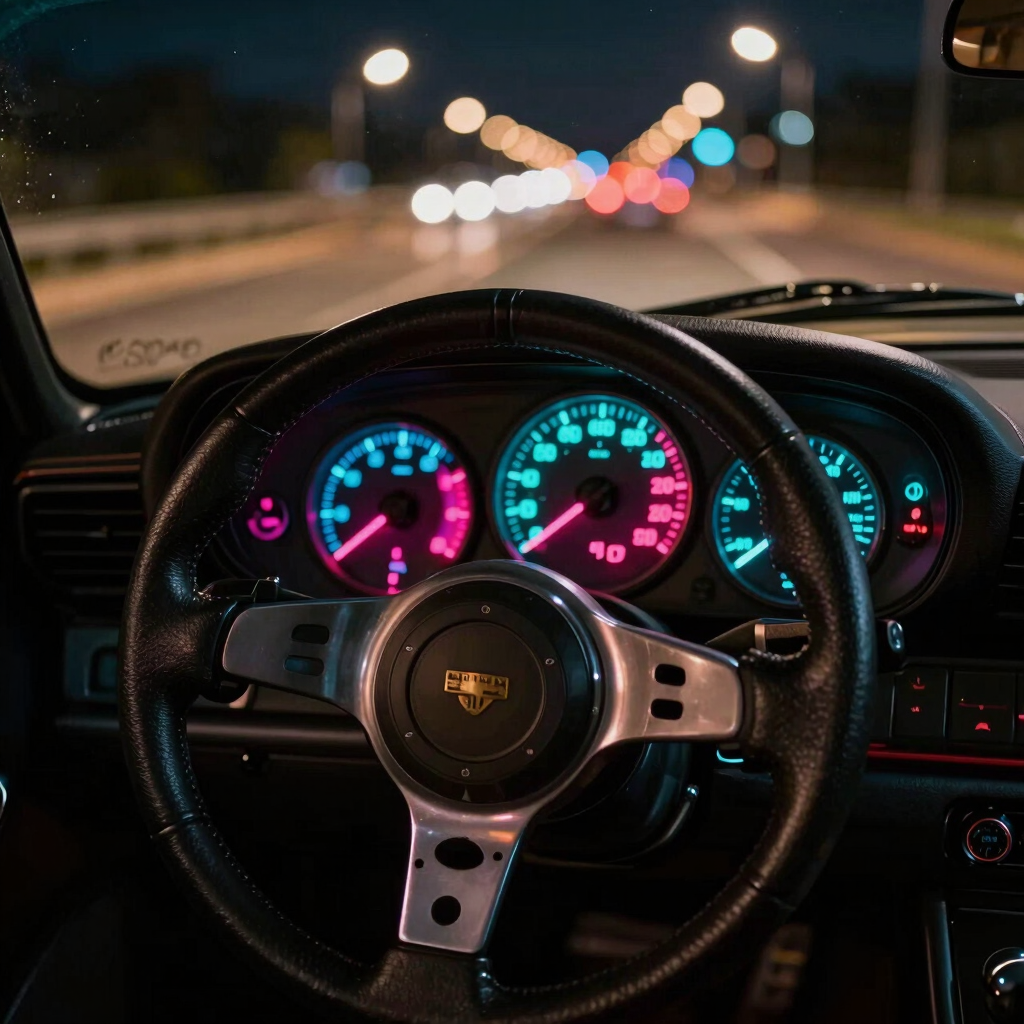 A highly detailed close-up shot of a classic sports car dashboard at night. Glowing analog gauges in intense pink and cyan hues cast reflections on the leather steering wheel. Brazilian urban highway lights blur outside the windshield.