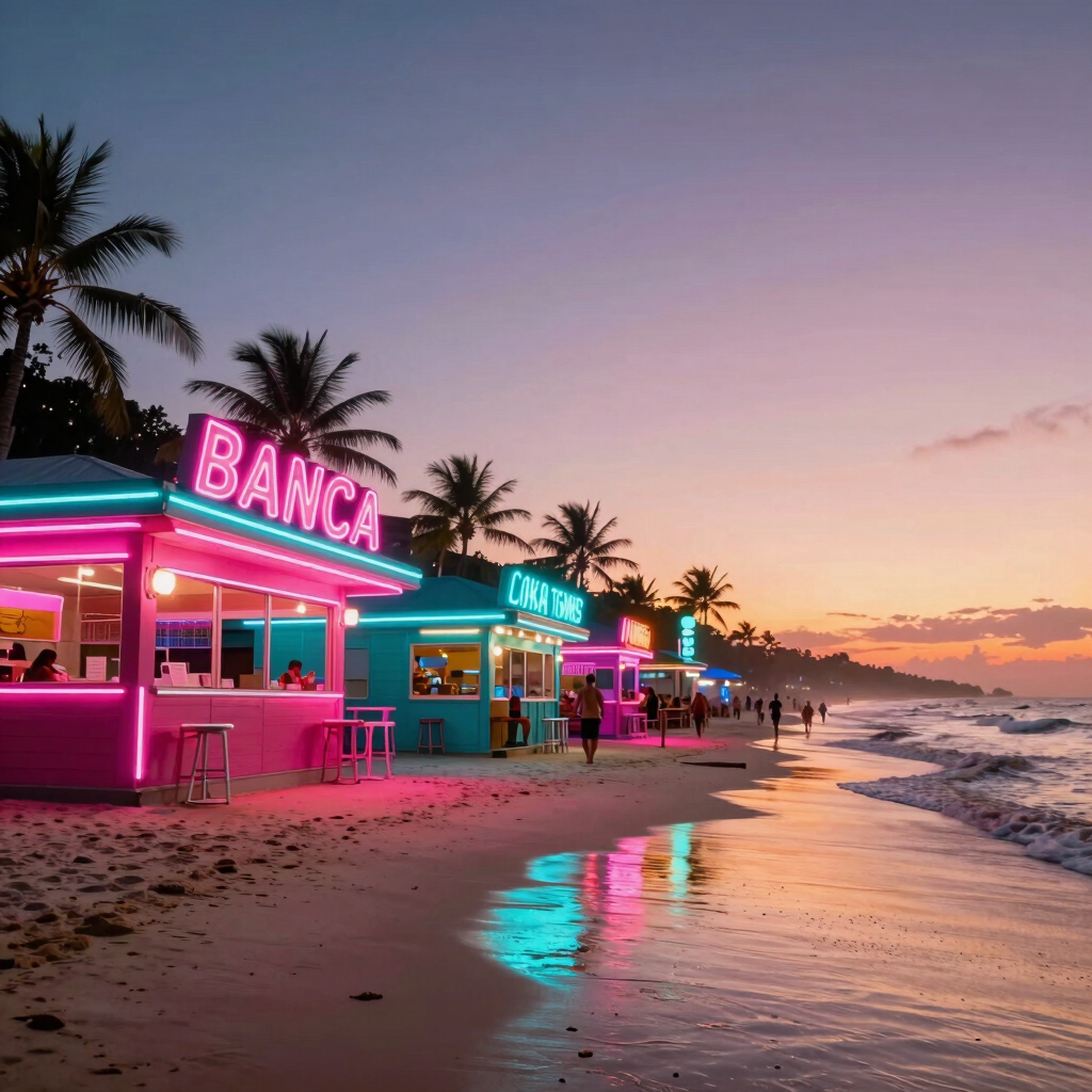 A vibrant Brazilian beach scene at dusk, retro neon signs of cafes glowing in hot pink and bright cyan, warm sunset colors reflecting on the wet sand, nostalgic 80s aesthetic, synthwave atmosphere, dynamic composition, professional photography.