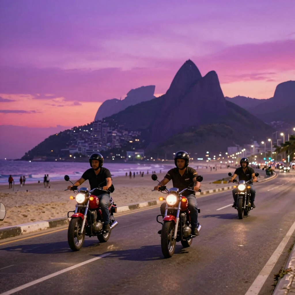An action shot of two retro-styled motorcyclists riding down a wide beachfront boulevard in Rio de Janeiro, Brazil. The warm sky glows with synthwave gradients of deep magenta and soft purple as streetlights begin to flicker on.