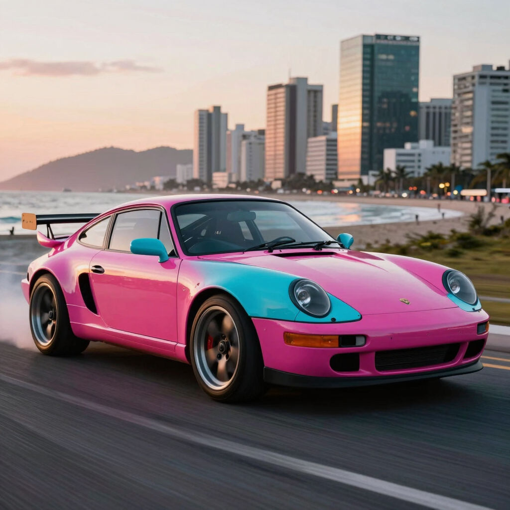 Close-up action shot of a sleek neon-pink and cyan retro sports car drifting on an asphalt street in a coastal Brazilian city at sunset. Dramatic lighting, smoking tires, high speed motion blur, realistic photographic style.