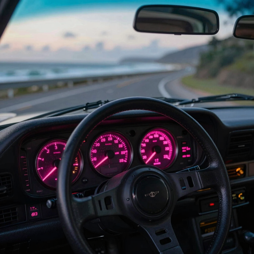 A close-up photograph of a vintage 1980s sports car dashboard. The dials glow with vibrant pink neon light, displaying speeds and radio waves. Out the front windshield, a blurry view of a Brazilian South American oceanfront highway at dusk is visible, with synthwave vibes.