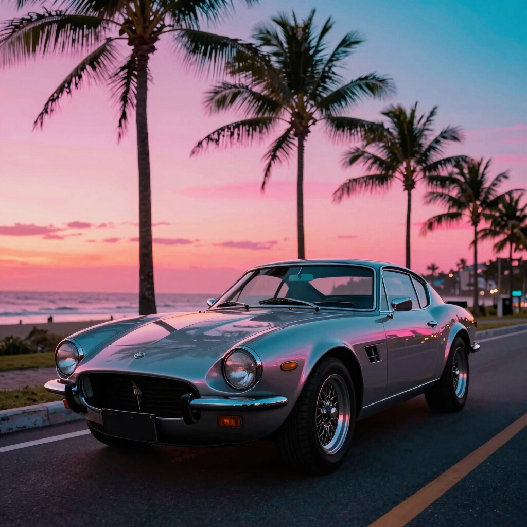 A cinematic low-angle photograph of a classic retro 1980s sports car parked along a Brazilian coastal highway during a vibrant synthwave sunset. The sky glows in intense neon pink and bright cyan. Reflections of towering palm trees shimmer on the metallic car hood. Warm coastal atmosphere.