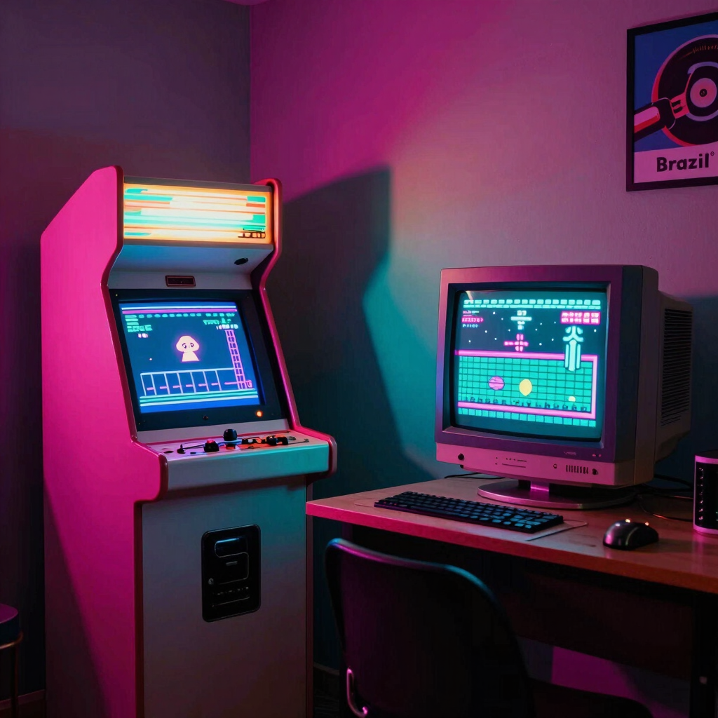 A dimly lit retro gamer's room in Brazil. An old arcade machine glows in the corner with vibrant hot pink and neon cyan lights casting shadows on the wall. A vintage CRT monitor on a desk displays a retro game, vaporwave nostalgic atmosphere, detailed cinematic interior photography.