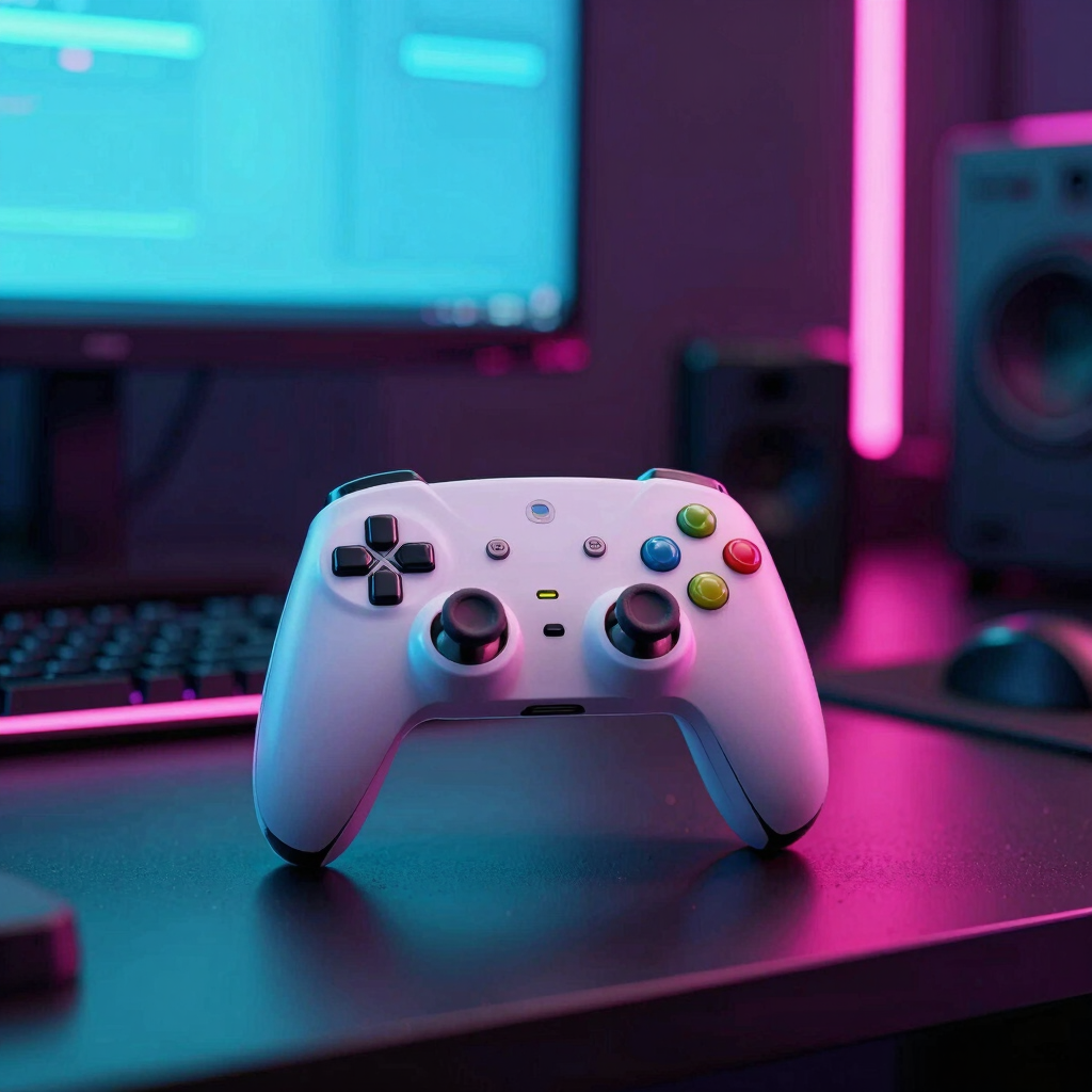 A modern video game controller sitting on a glossy desk, illuminated by vibrant cyan and hot pink neon lights from a nearby screen, retro-futuristic dark vaporwave gaming room setup in Brazil, professional product photography, shallow depth of field.