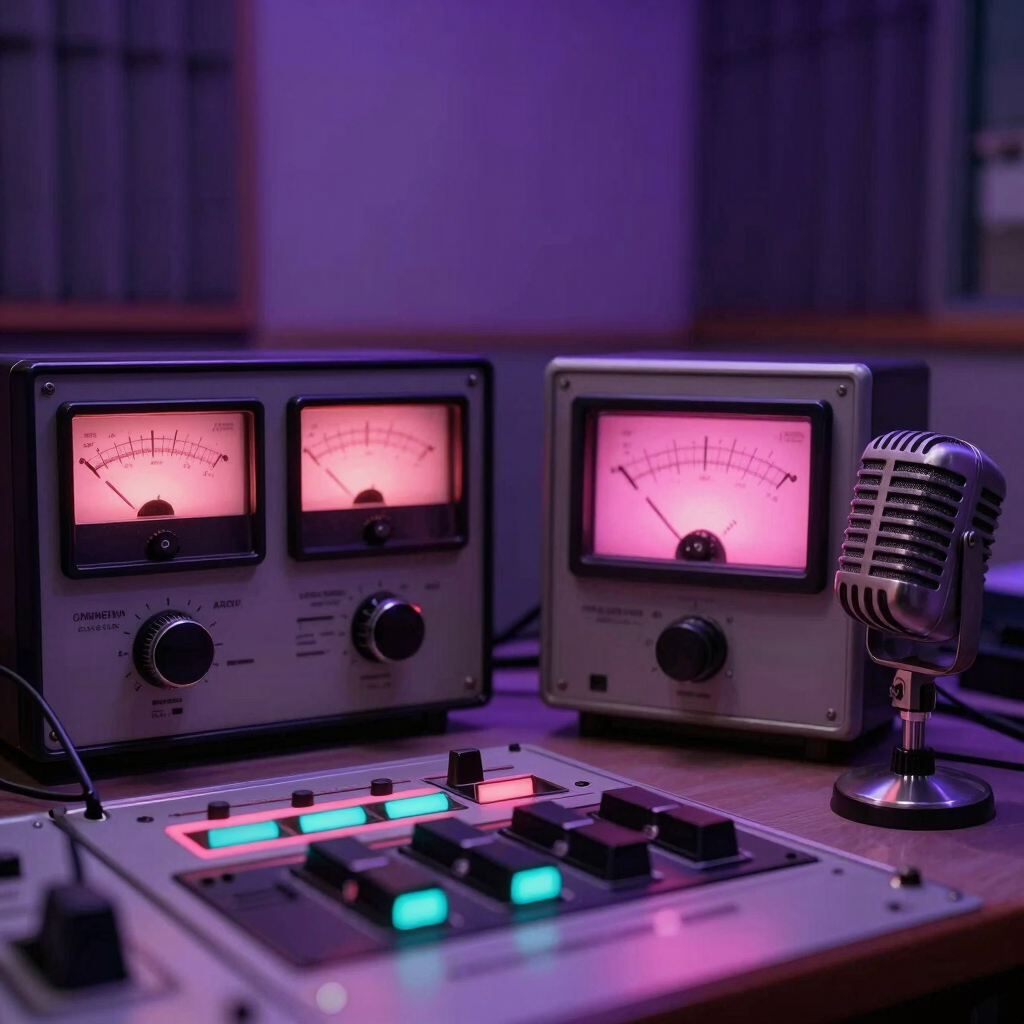 An atmospheric photograph inside a retro Brazilian radio broadcasting studio. Glowing analog VU meters, pink and neon cyan dials, soundboards, and retro microphones. Moody dim lighting with purple and soft lavender backlights, capturing a cozy nostalgia vibe.